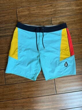 Volcom Colorblock Board Shorts - Turquoise, Yellow & Red Size 36